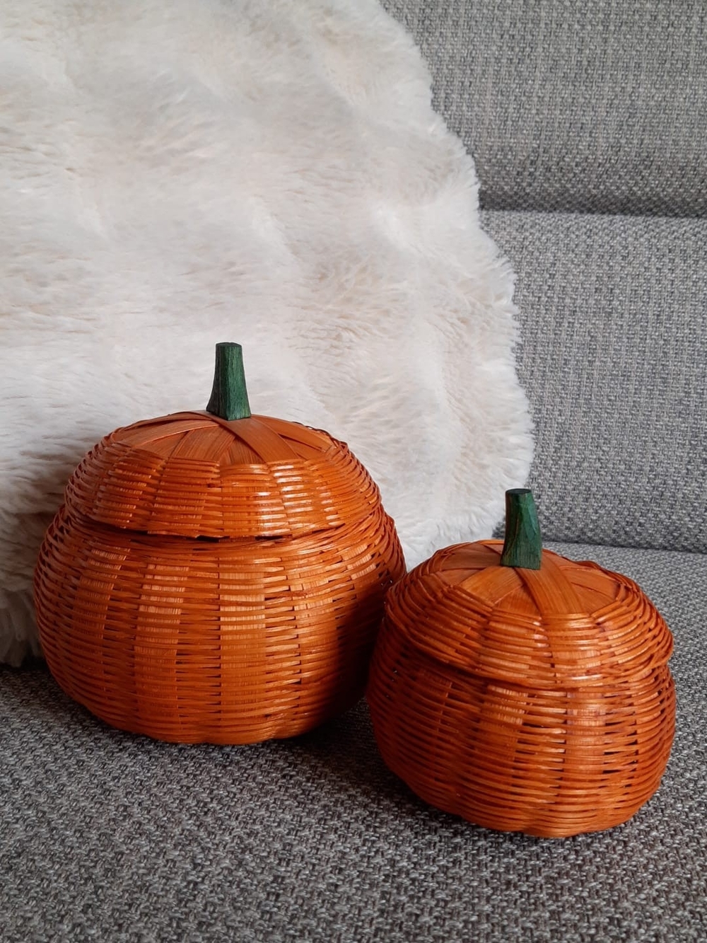 Wicker Orange Pumpkin Baskets with lid - Set of 2